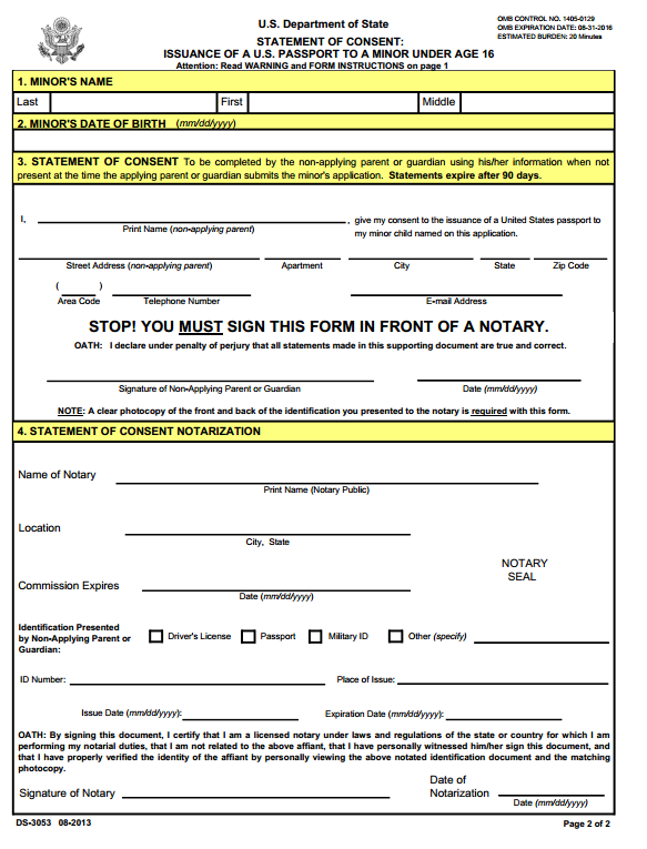 DS 3053 Statement Of Consent For Minor Child Passport Passport Info Guide